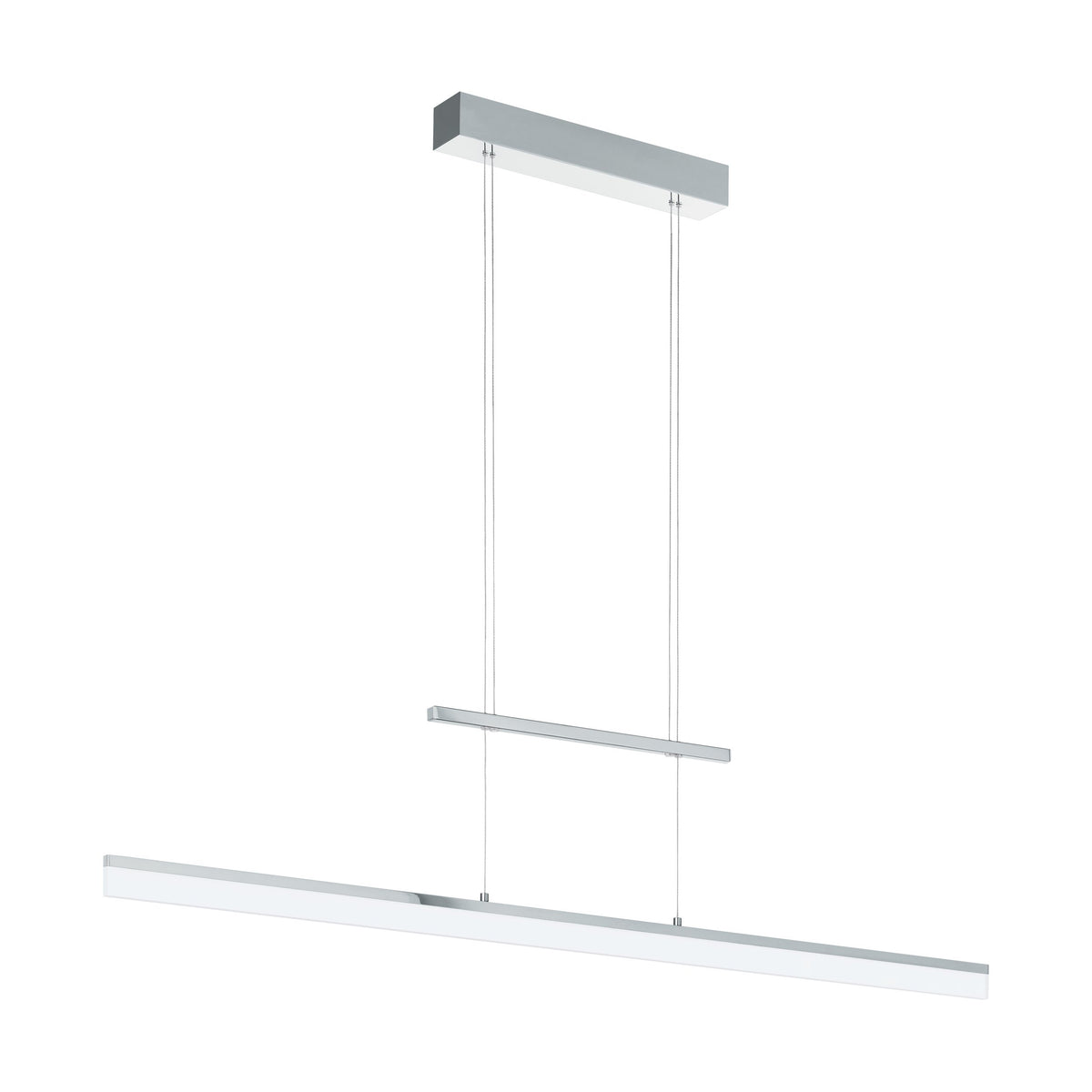 Vue en perspective du luminaire, structure chromée et diffuseur blanc suspendus