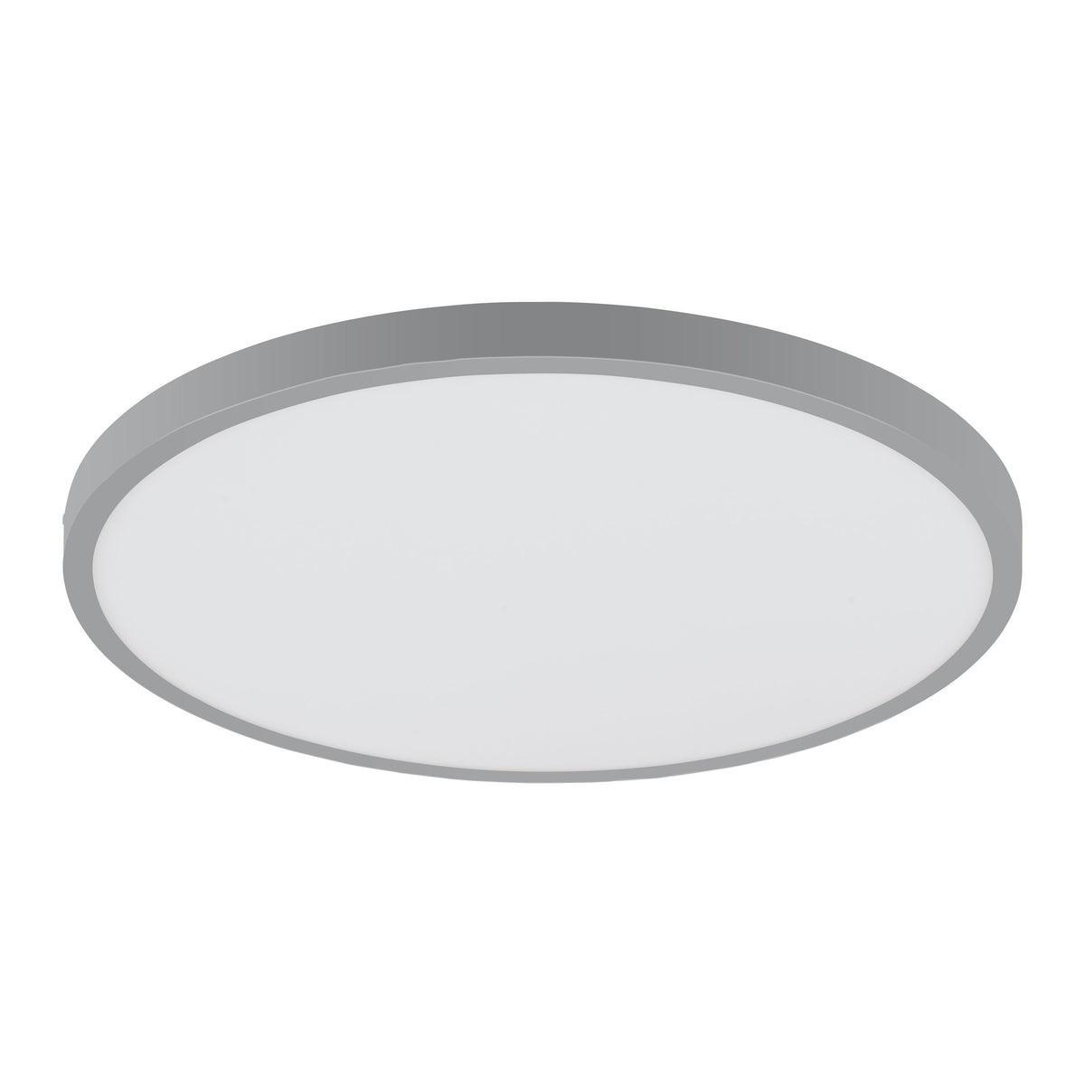 Vue de dessous du plafonnier rond, cerclage gris et vasque blanche.