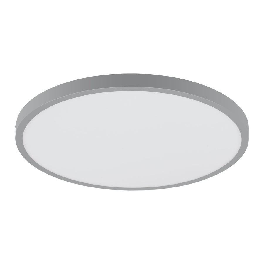 Vue de dessous du plafonnier rond, cerclage gris et vasque blanche.