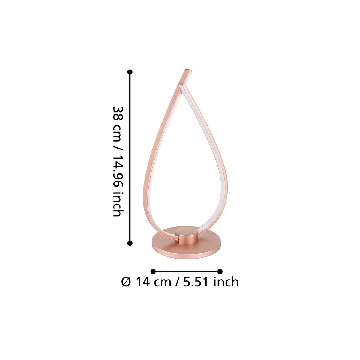 Schéma coté indiquant hauteur 38 cm et diamètre de base 14 cm