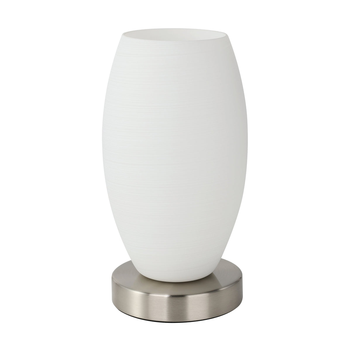 Vue de face de la lampe allumée, abat-jour blanc lumineux et base ronde