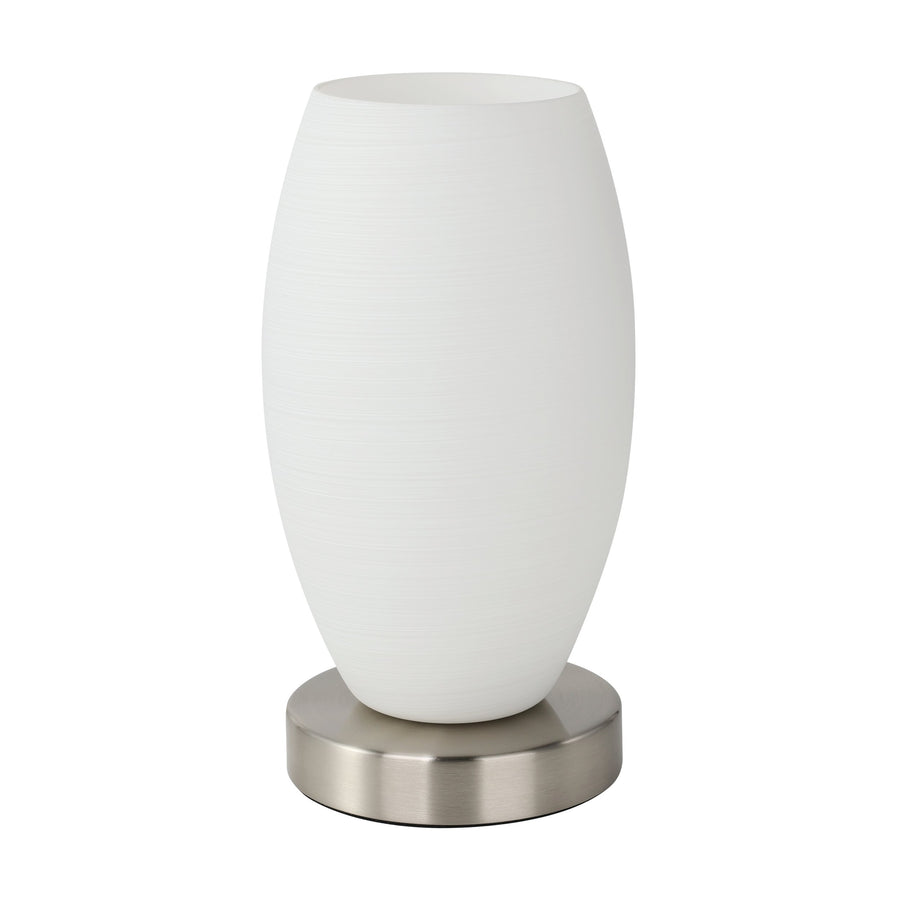 Vue de face de la lampe allumée, abat-jour blanc lumineux et base ronde