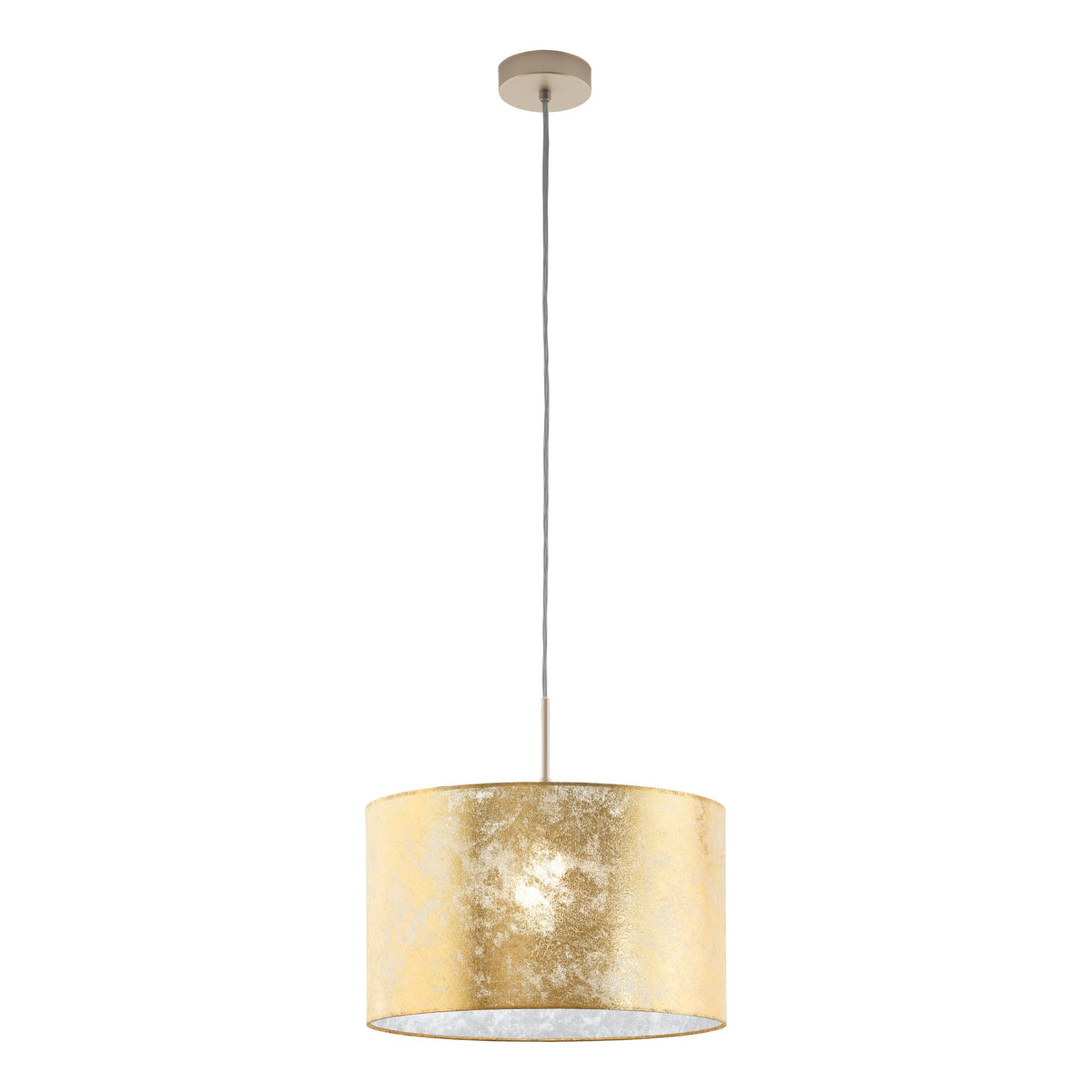 Luminaire suspendu complet sur fond blanc avec rosace, câble et abat-jour doré.