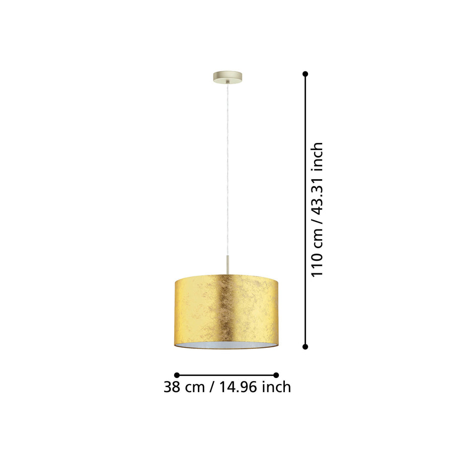 Schéma coté du luminaire indiquant 110 cm de hauteur et 38 cm de diamètre.