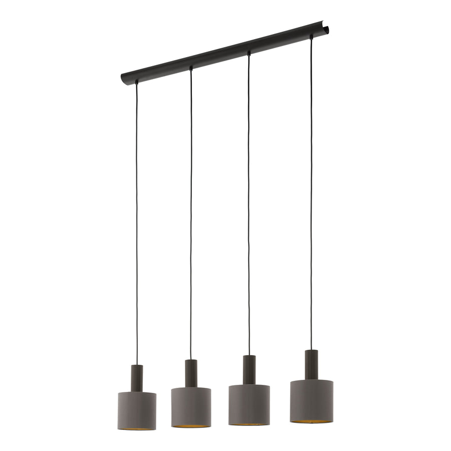 Vue rapprochée des cylindres suspendus, intérieur doré et finition mate gris taupe