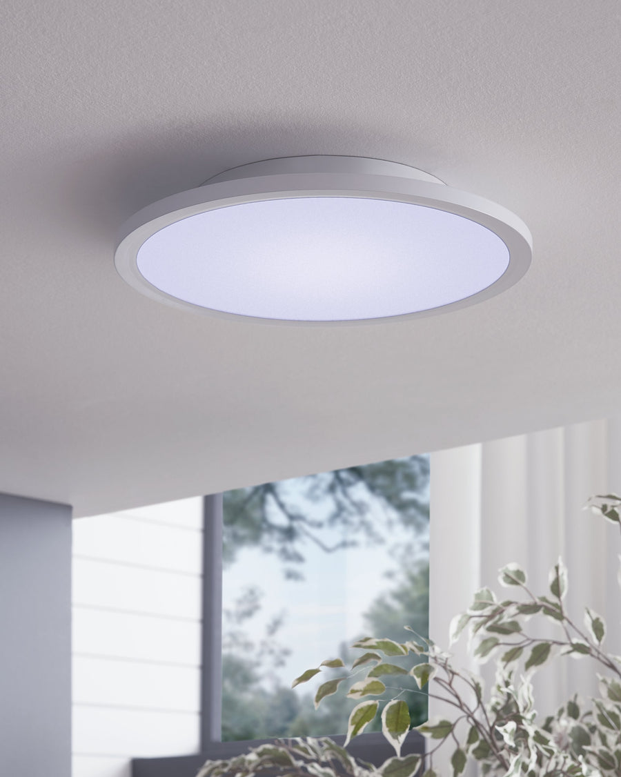 Plafonnier blanc circulaire posé au plafond, pièce claire avec fenêtre et plante