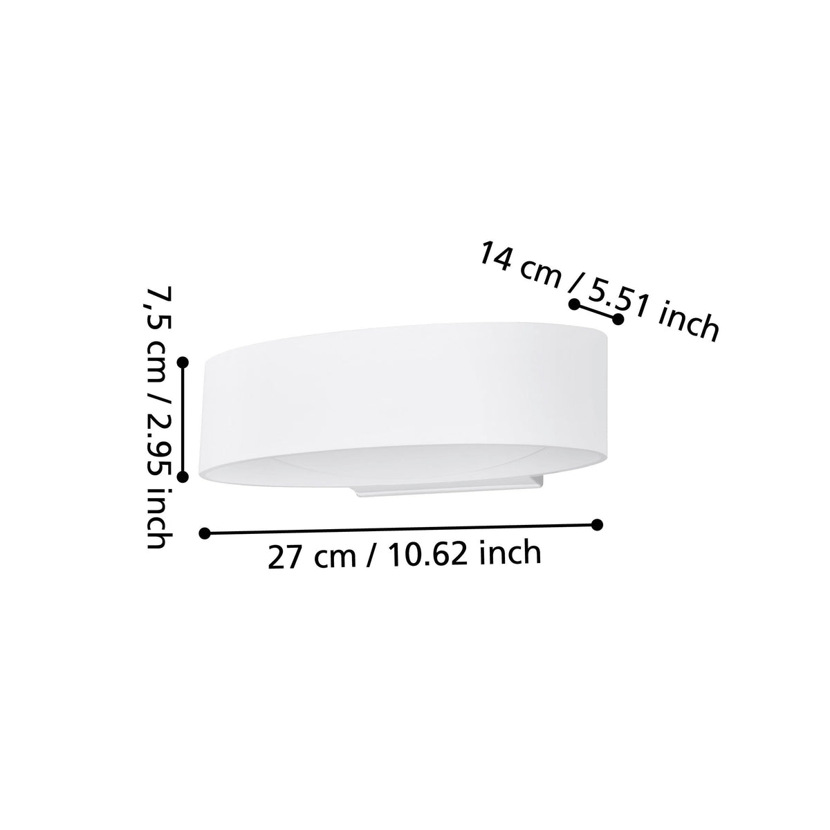 Schéma coté indiquant 27 cm de largeur, 14 cm de profondeur et 7,5 cm de hauteur
