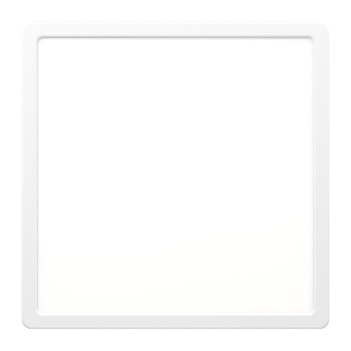 Vue de face du luminaire carré blanc, cadre arrondi et large diffuseur lumineux.