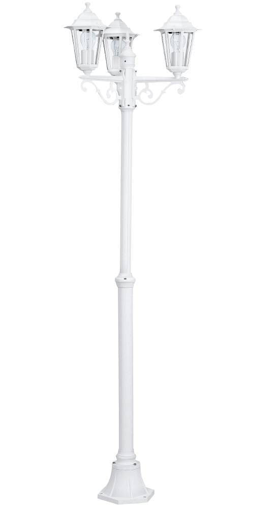 Vue de face du lampadaire blanc avec ses trois têtes lanternes et son pied