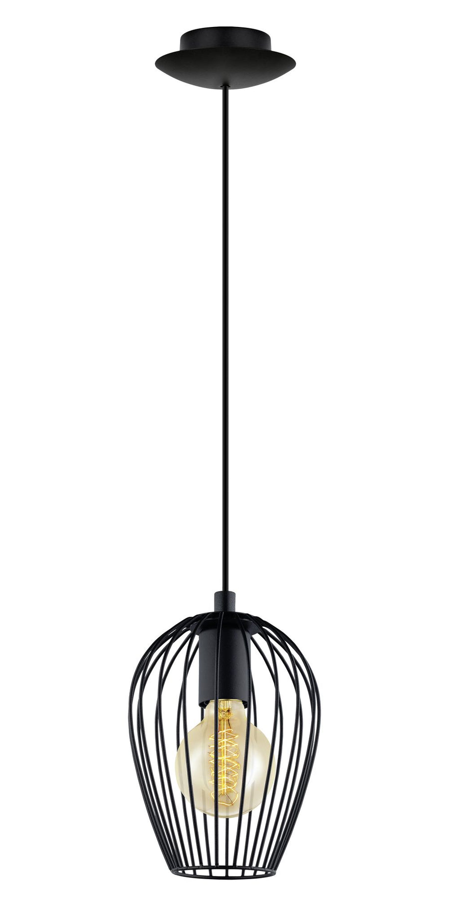 Vue entière de la suspension noire, cordon et cage ajourée sur fond blanc.