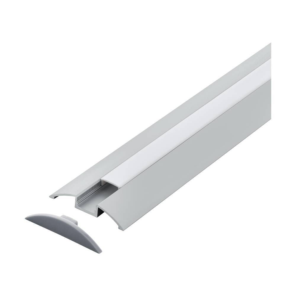 Profilé gris clair vu de trois quarts, diffuseur blanc visible et embout de fermeture séparé