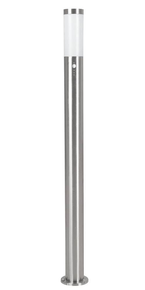 Lampadaire extérieur cylindrique en inox avec diffuseur blanc, présenté de face