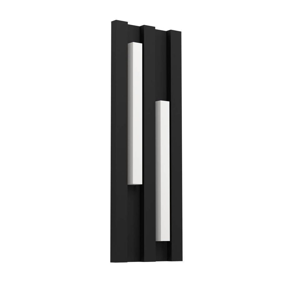 Vue de face sur fond blanc de l’applique murale noire à deux diffuseurs verticaux.