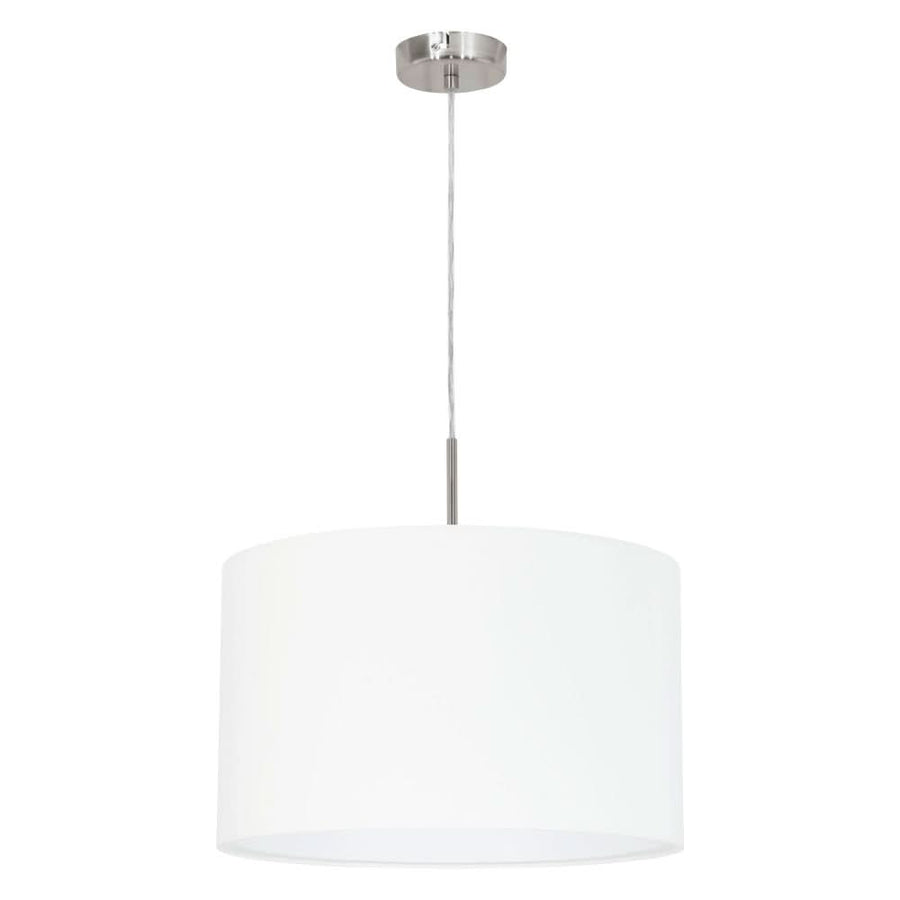 Suspension blanche vue de face, abat-jour cylindrique en tissu et câble fin