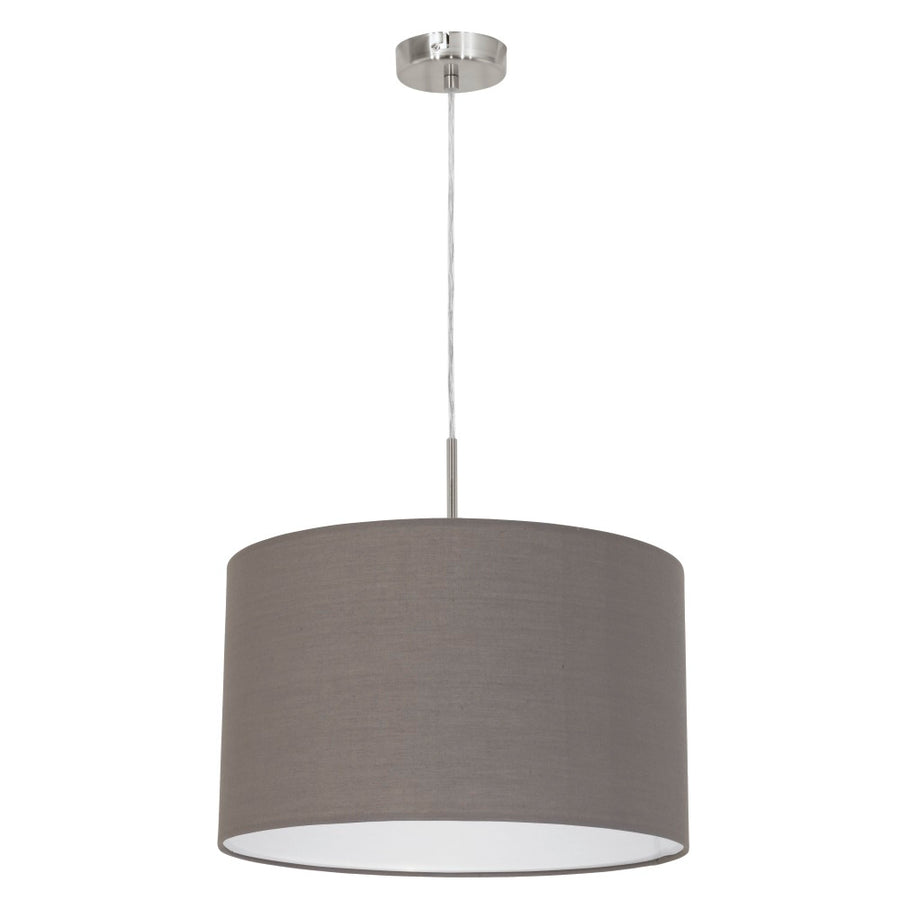 Suspension vue de face sur fond blanc, abat-jour cylindrique en tissu gris anthracite.