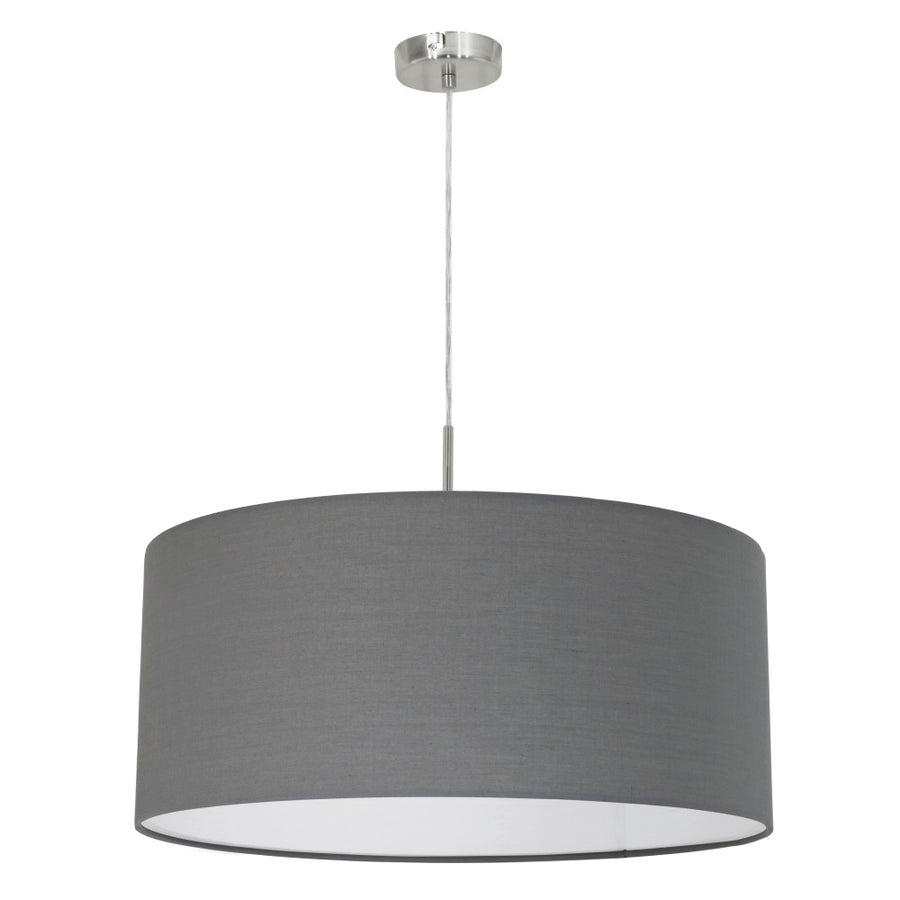 Suspension vue de face sur fond blanc, abat-jour cylindrique gris et câble nickel