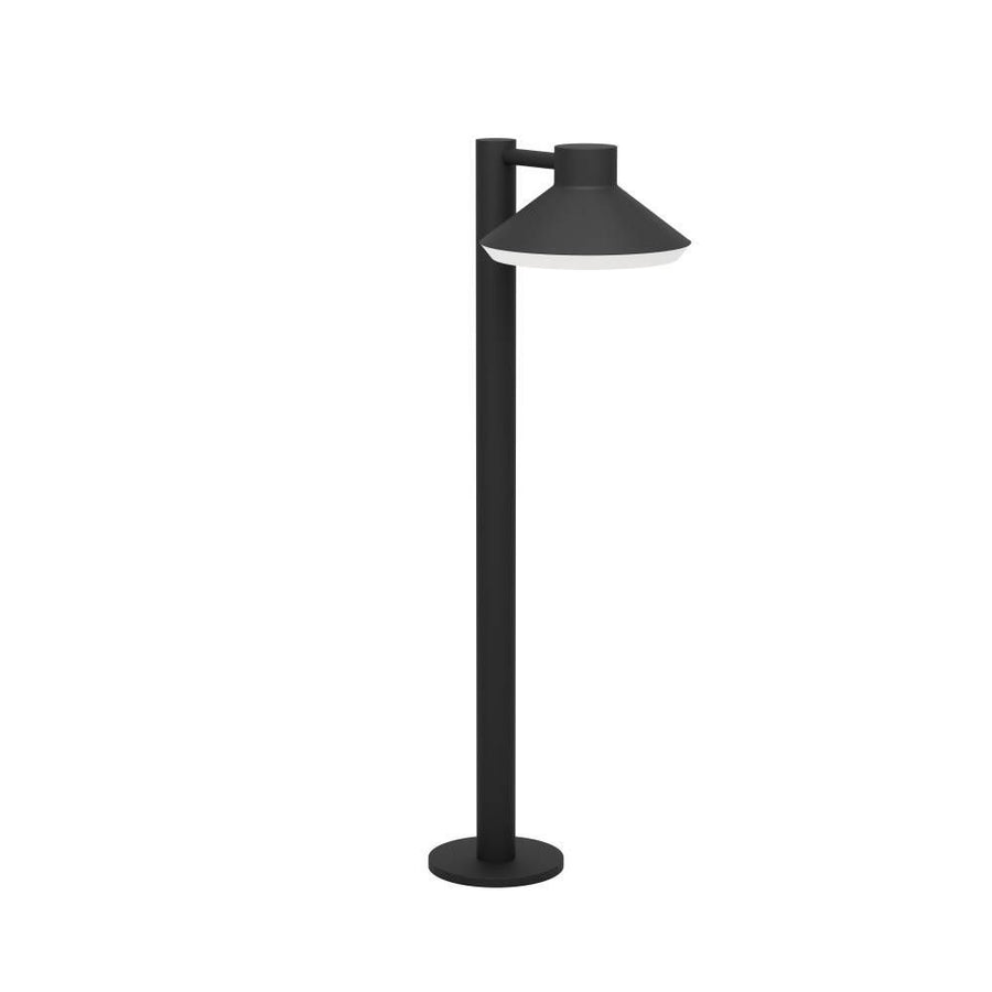 Lampadaire extérieur noir sur fond blanc, vue de face avec pied circulaire
