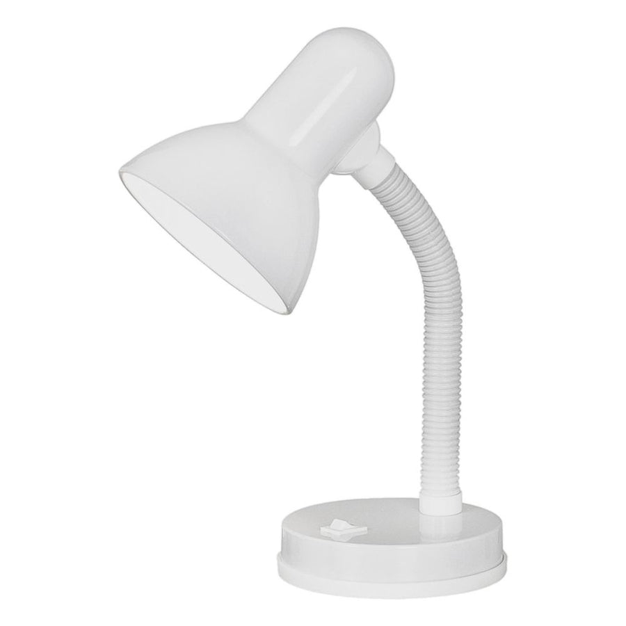 Lampe de bureau blanche de trois quarts sur fond blanc, col flexible et abat-jour conique.