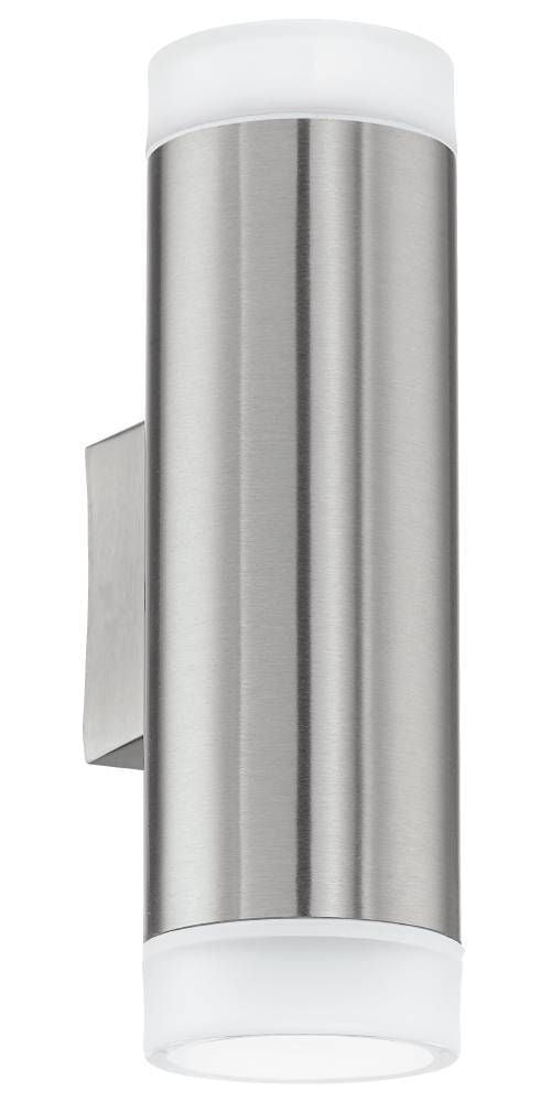 Vue rapprochée de l'applique en inox brossé, fixée sur sa platine murale.