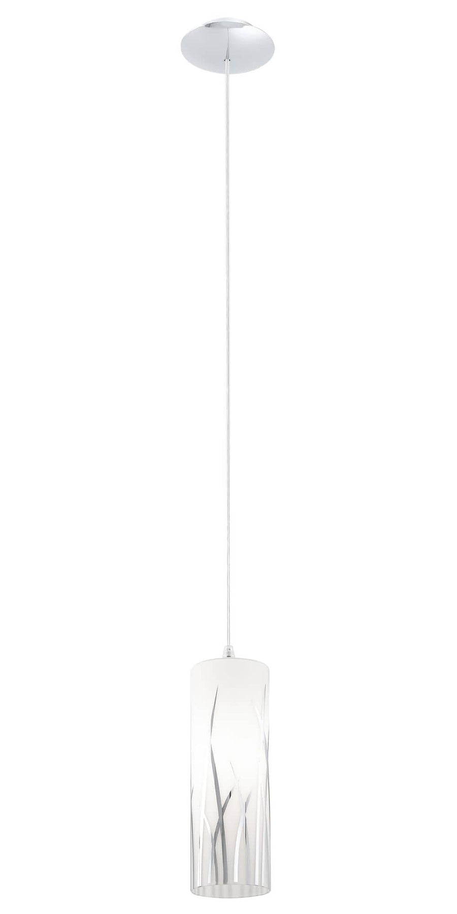 Vue rapprochée du cylindre en verre blanc et de son décor de lignes verticales.