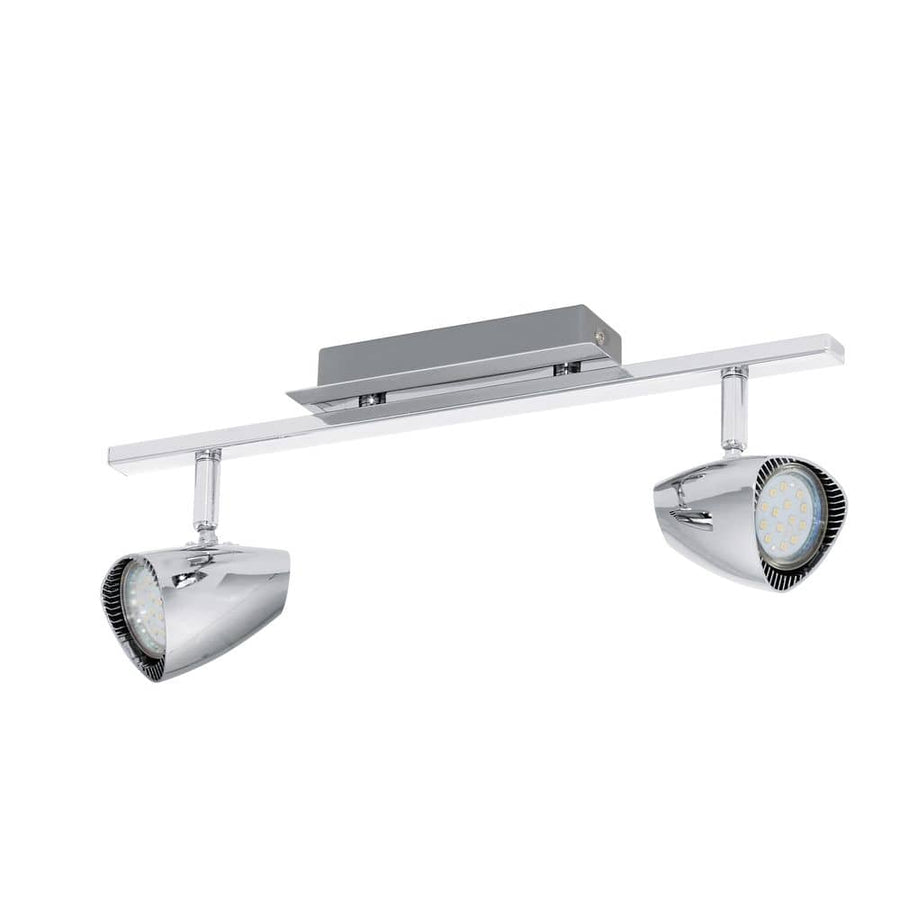 Vue de face du spot chromé à deux têtes orientables sur rail, fond blanc