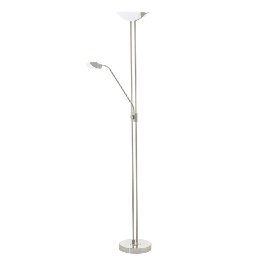 Lampadaire nickel vu de face sur fond blanc, double tige verticale et liseuse latérale