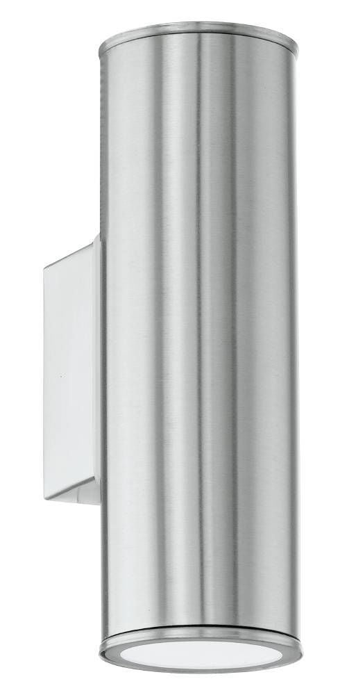 Vue de face du luminaire cylindrique en inox avec support mural, fond blanc