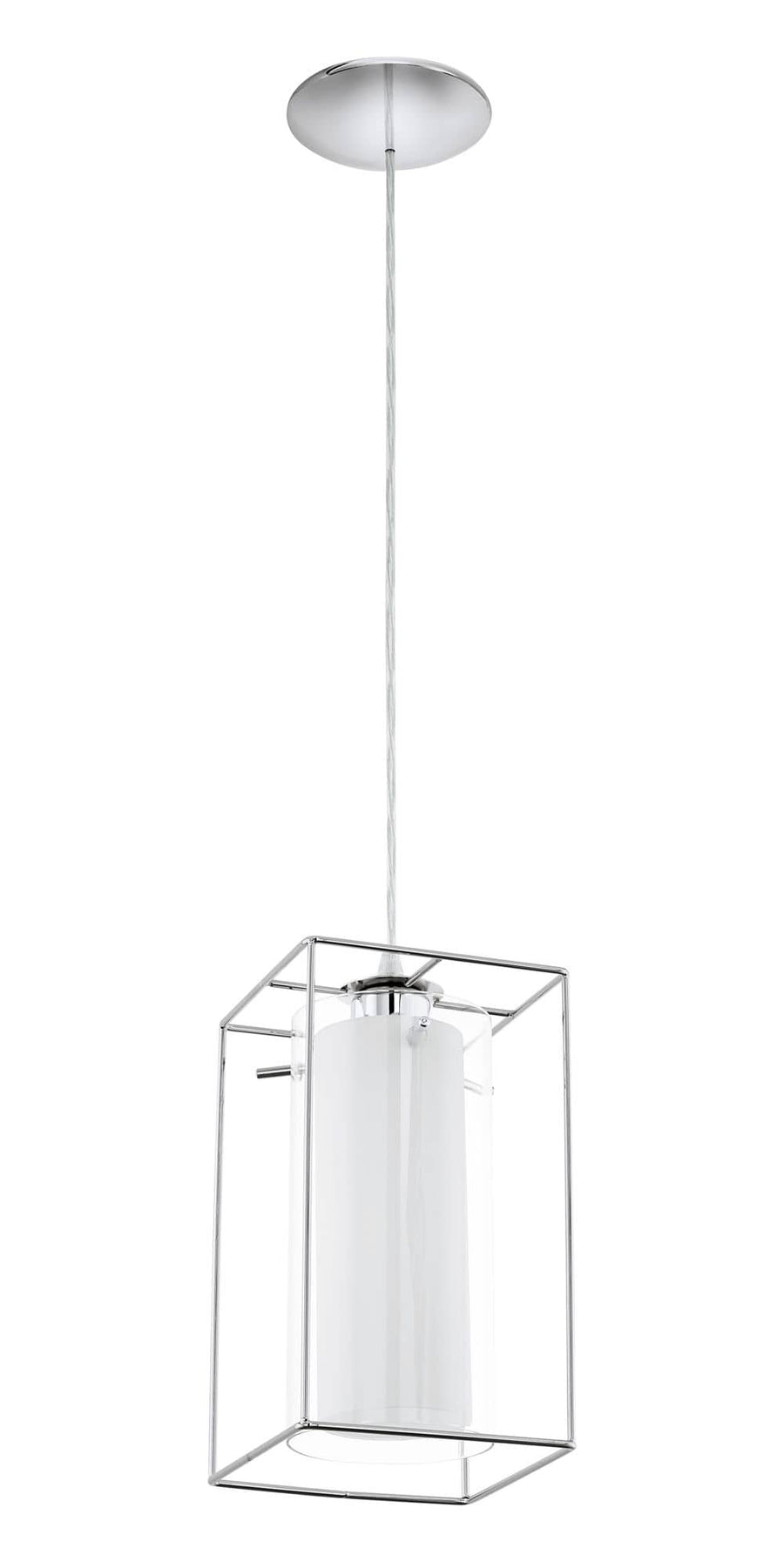 Autre vue du luminaire, structure chromée et diffuseur cylindrique blanc sur fond neutre.