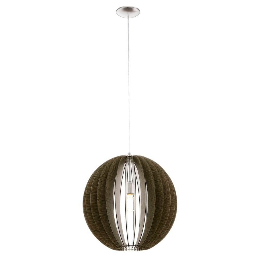 Suspension boule en bois marron foncé à lamelles verticales, câble et rosace visibles