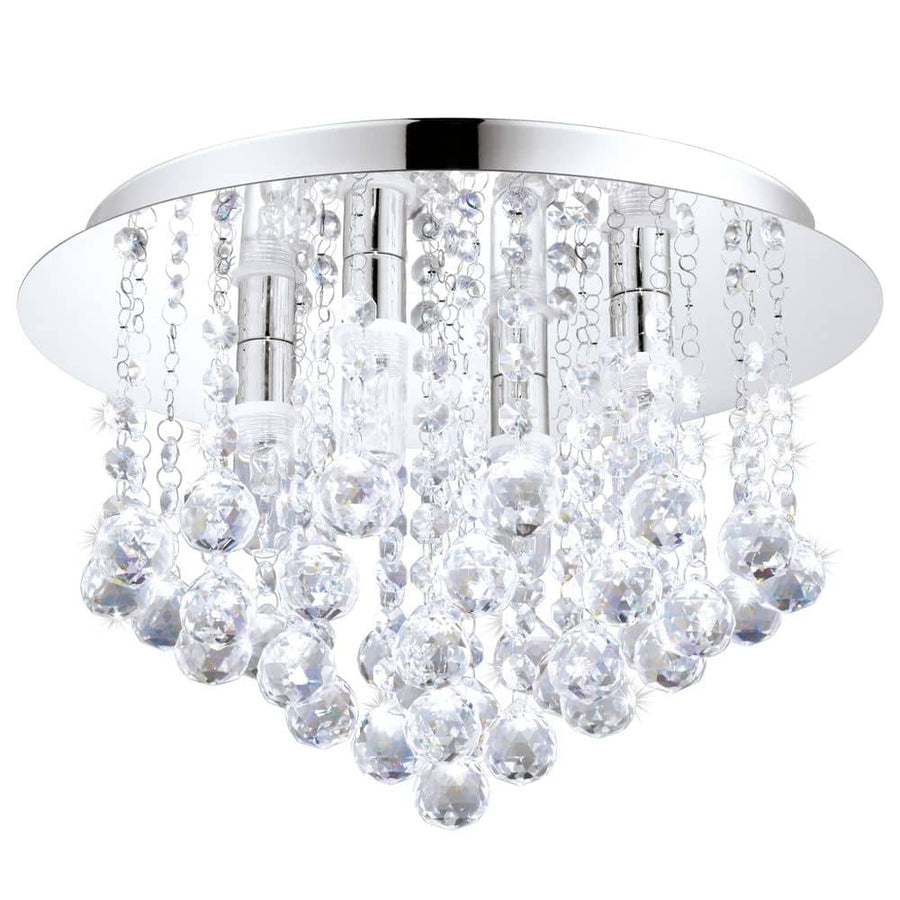 Plafonnier rond chromé vu de face avec cascade de cristaux taillés suspendus