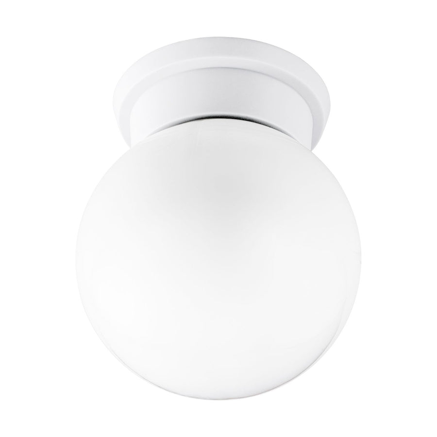 Vue de face du plafonnier blanc avec globe en verre opalin et embase ronde