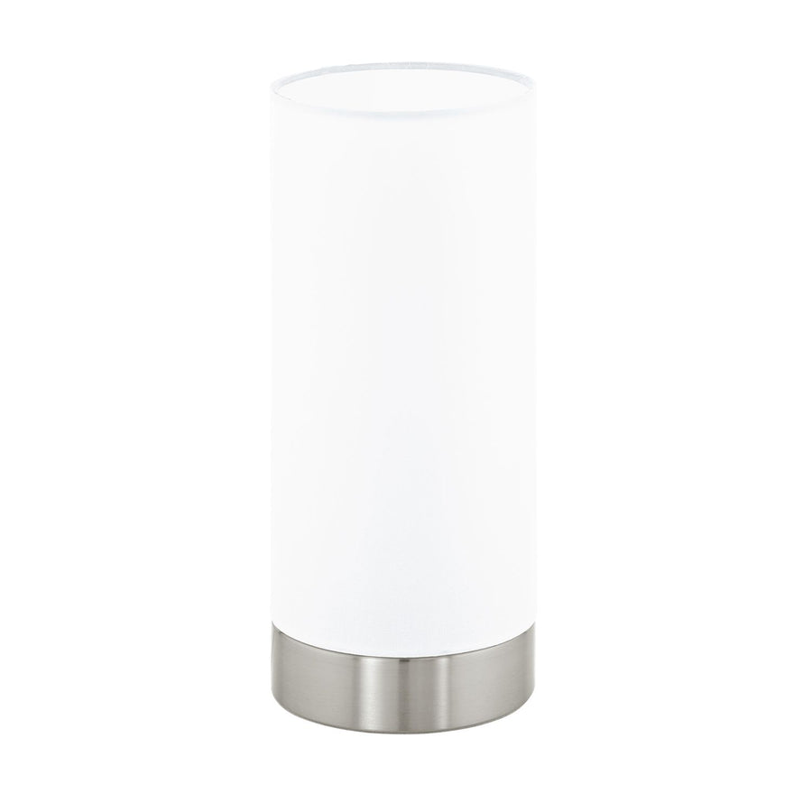 Lampe à poser cylindrique en verre opalin blanc, base métal nickel satiné, vue de face.