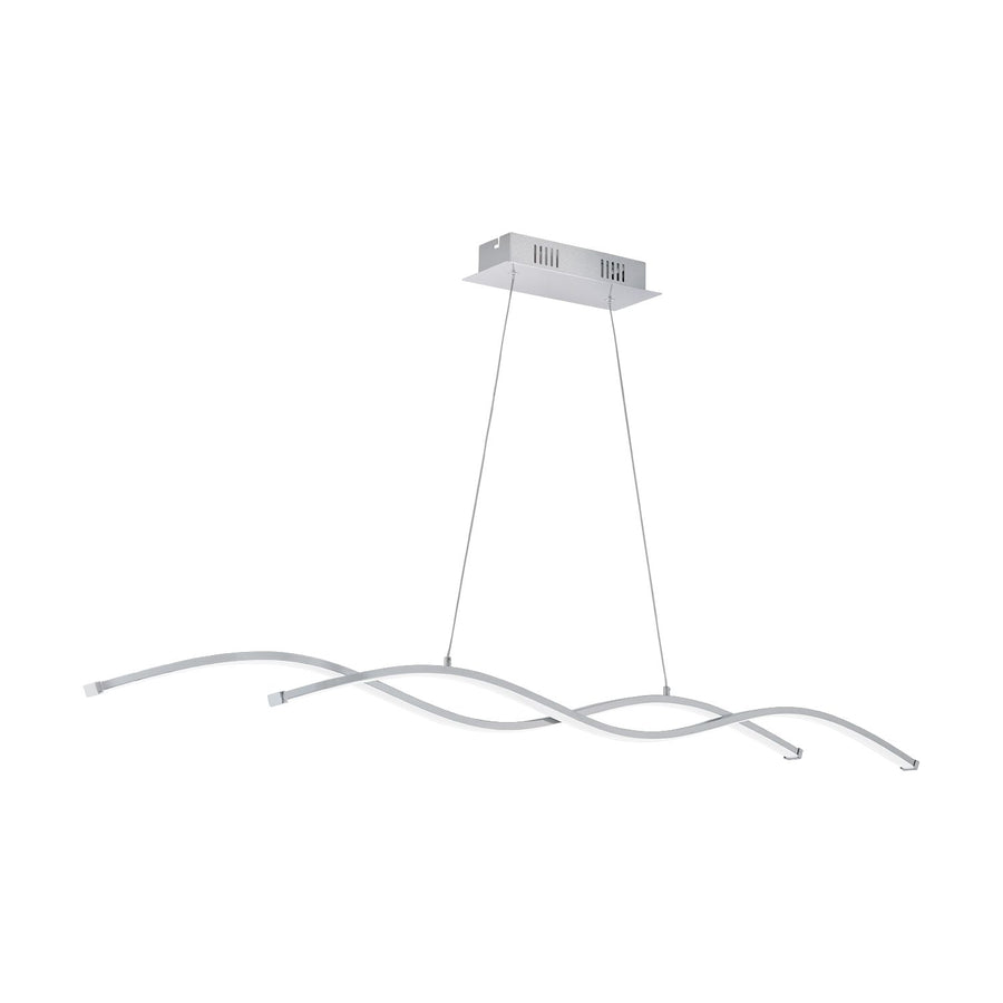 Suspension aluminium vue de face sur fond blanc, deux courbes ondulées croisées