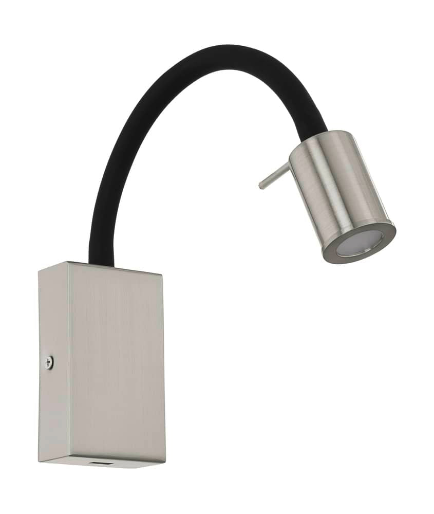 Applique murale vue de trois quarts, base nickel brossé, bras flexible noir et tête cylindrique orientable