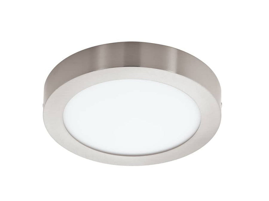 Plafonnier rond vu de face, cerclage nickel brossé et diffuseur blanc opale