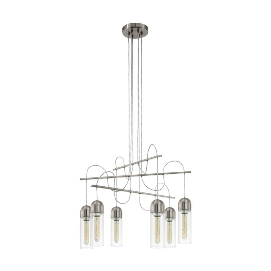 Suspension six lumières vue de face, structure nickel et cylindres de verre transparent
