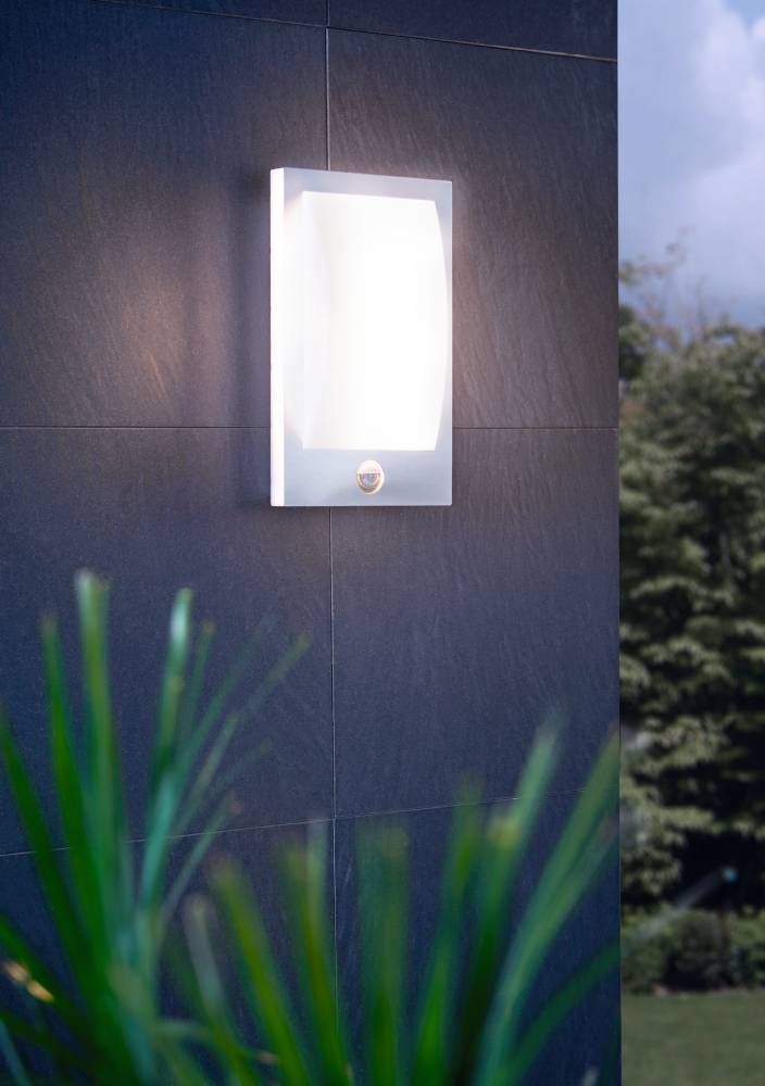 Mise en ambiance extérieure : applique allumée sur mur sombre, feuillage et détecteur en bas.