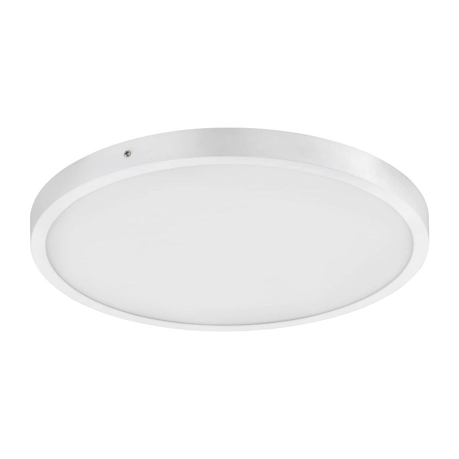 Plafonnier rond blanc de face, diffuseur opalin et cerclage fin, montage au plafond