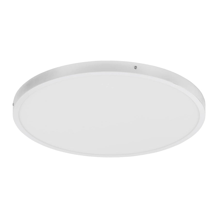 Plafonnier rond blanc vu de face, diffuseur opale et fin cerclage sur fond neutre