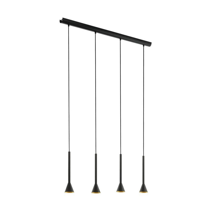 Vue de face d'une suspension noire à quatre abat-jours coniques à intérieur doré.