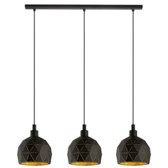 Suspension Roccaforte 3 lumières noire et dorée