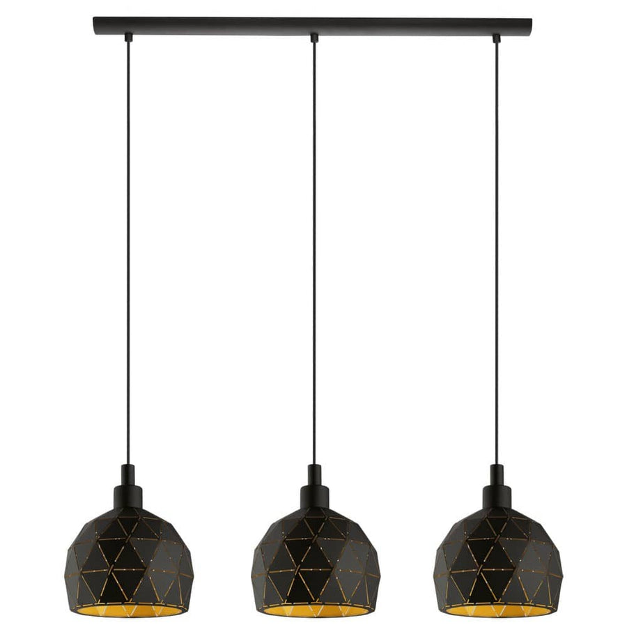 Suspension trois abat-jours noirs facettés, vue de face sur fond blanc
