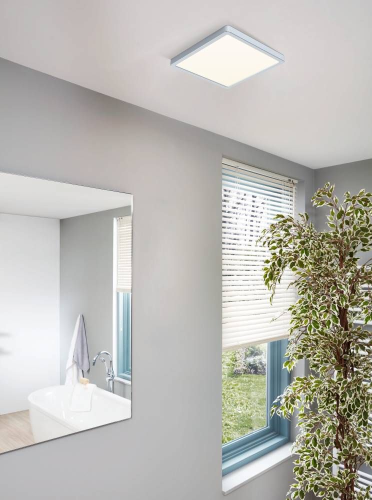 Mise en ambiance salle de bain : plafonnier carré au plafond, miroir, fenêtre et plante verte.