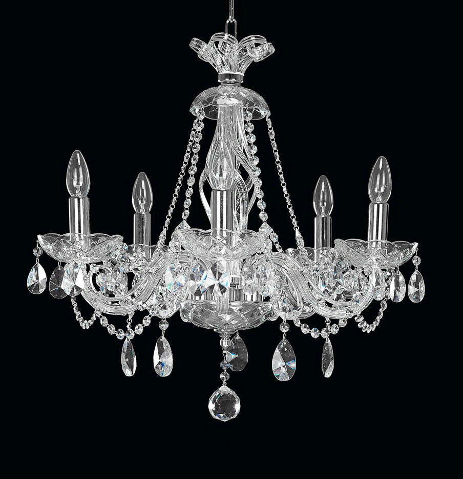 Vue d'ensemble du lustre cristal, pendeloques taillées et chaînettes de perles