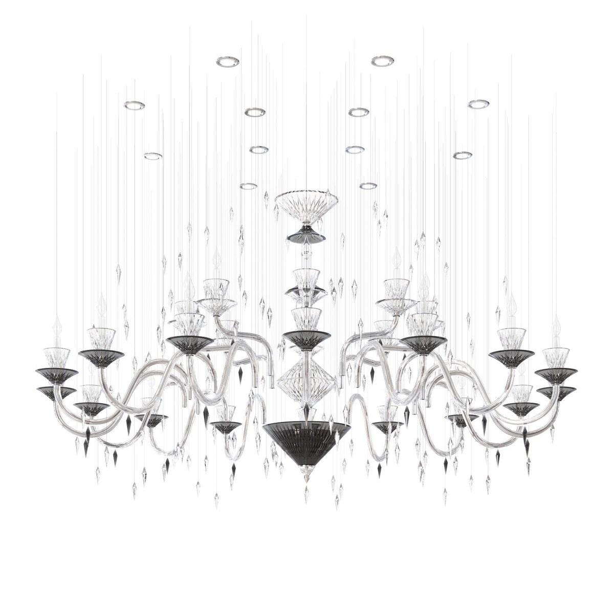 Variante fumée noire du grand lustre cristal, vue d'ensemble frontale détaillée
