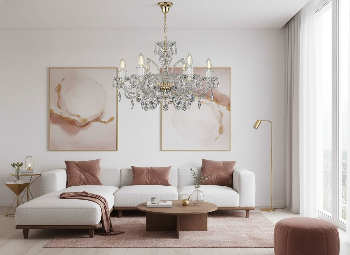 Lustre suspendu au-dessus d'un salon moderne aux canapés blancs et coussins poudrés