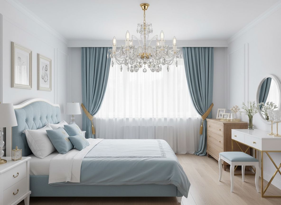 Lustre suspendu dans une chambre bleu pâle près des rideaux et de la coiffeuse