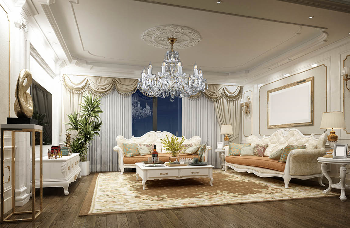 Salon classique avec lustre en cristal allumé, moulures et canapés capitonnés