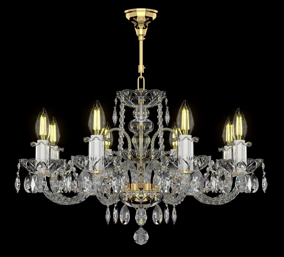 Vue de face du lustre suspendu avec sa tige et fixation plafond dorée