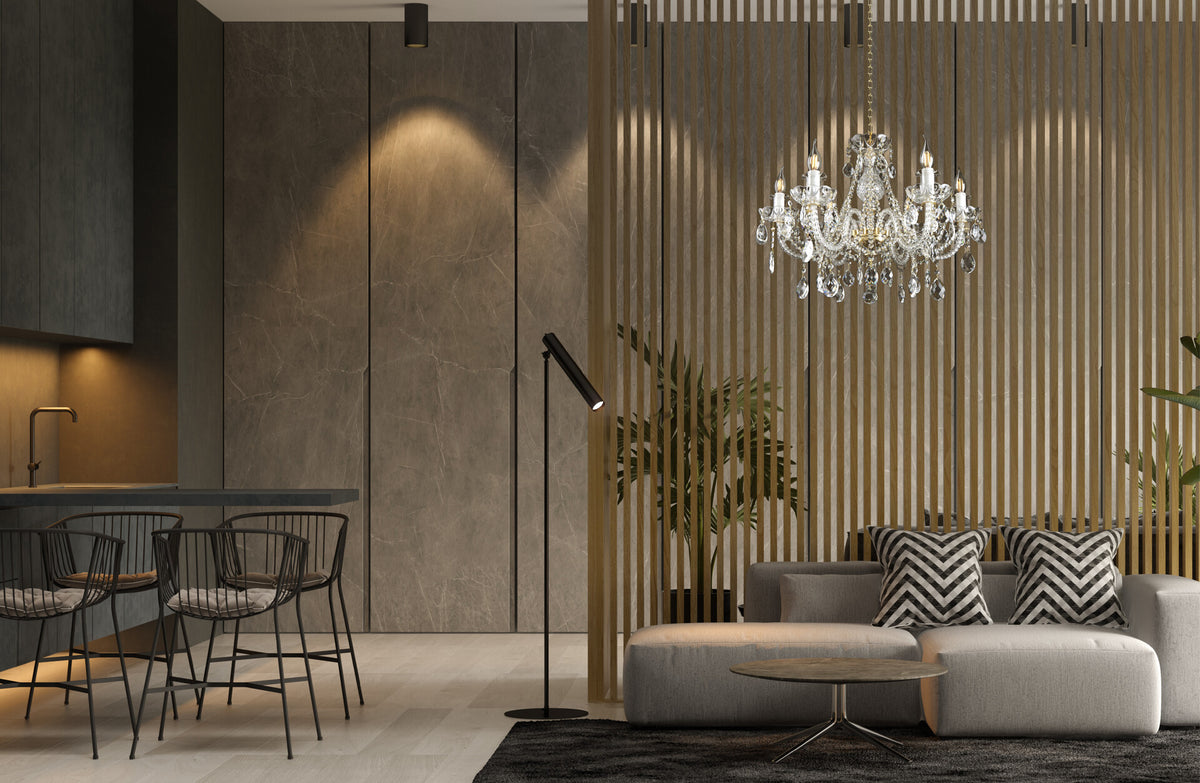 Mise en ambiance du lustre suspendu dans un salon moderne avec claustra bois